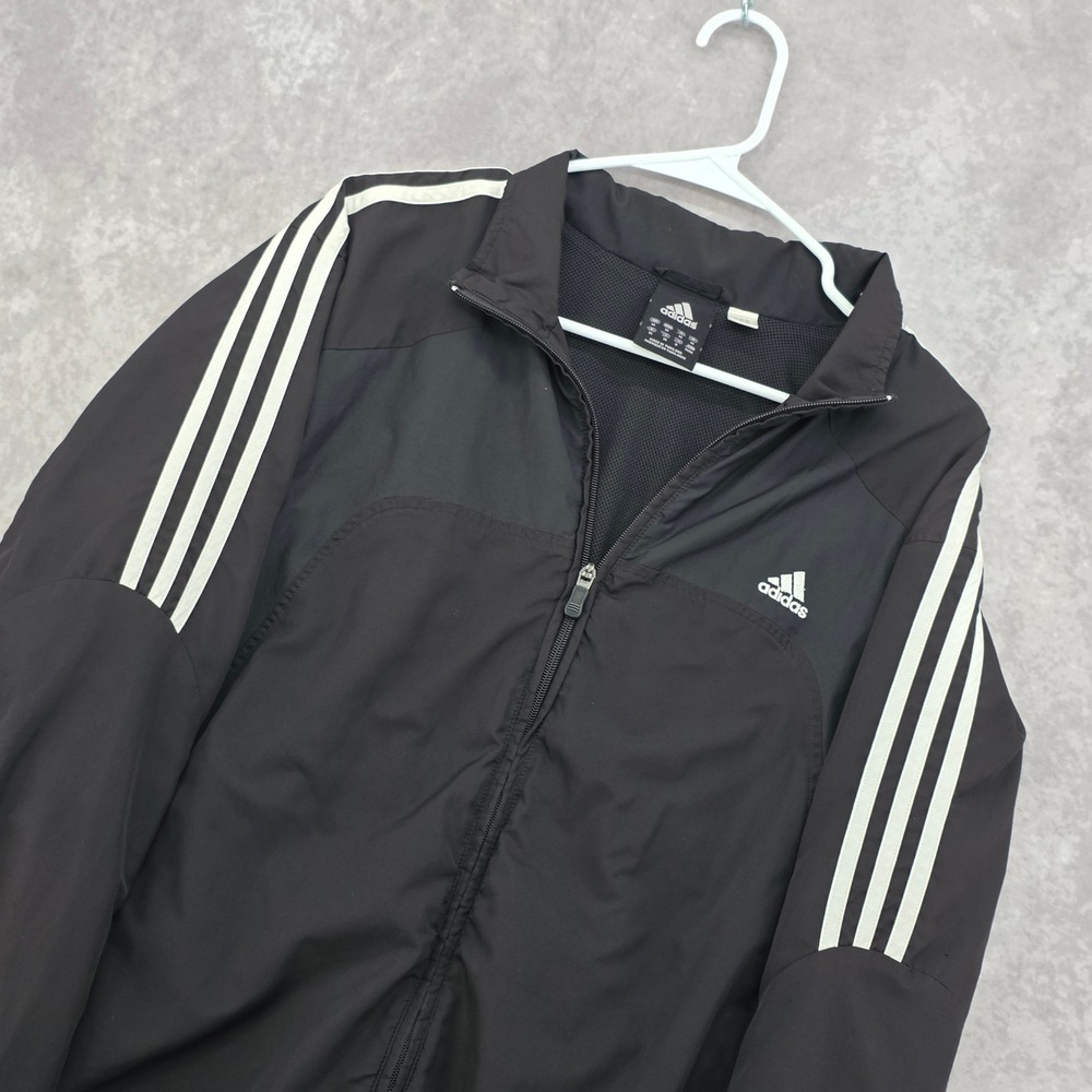Adidas Mens M Black Full Zip Windbreaker Jacket 3 Stripe Mesh Lined Y2K Style
